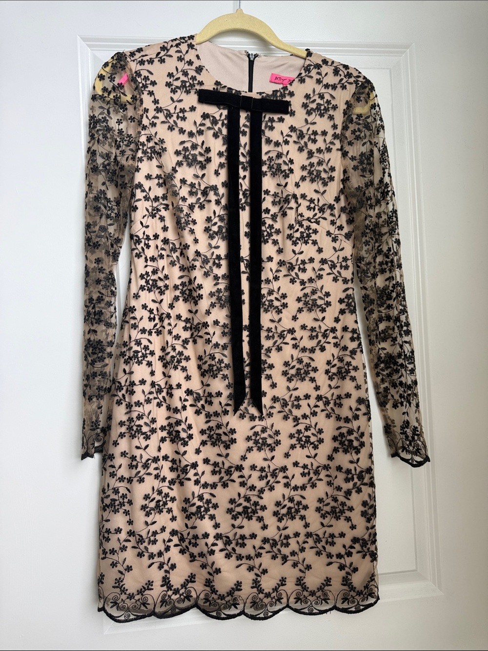 Betsey Johnson Pink Dress with Black Floral Lace & Velvet Tie